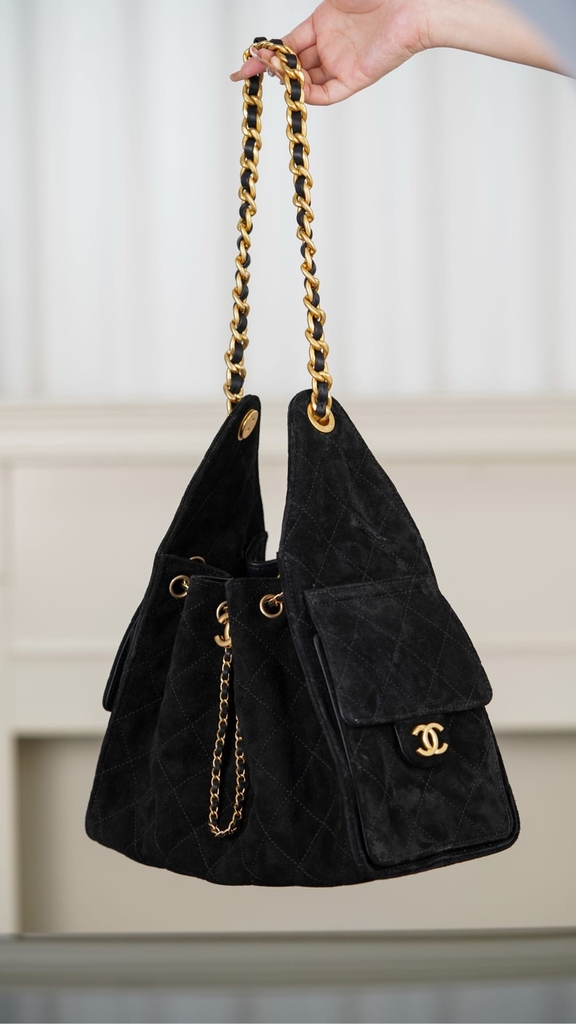 Chanel 25C Black Suede HoBo Drawstring Bucket Bag Small