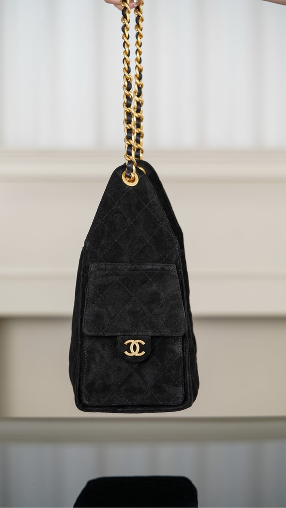 Chanel 25C Black Suede HoBo Drawstring Bucket Bag Small