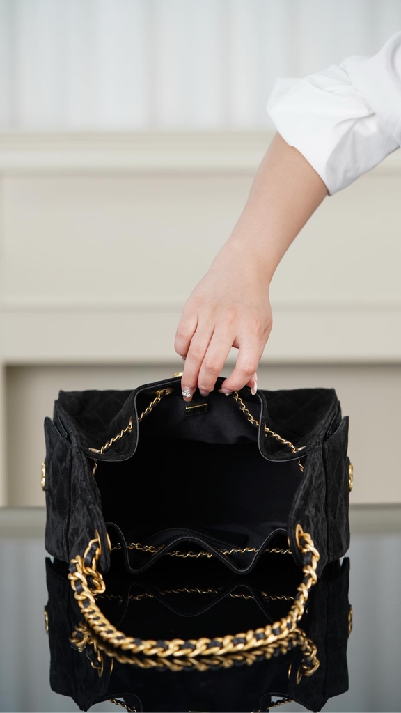 Chanel 25C Black Suede HoBo Drawstring Bucket Bag Small