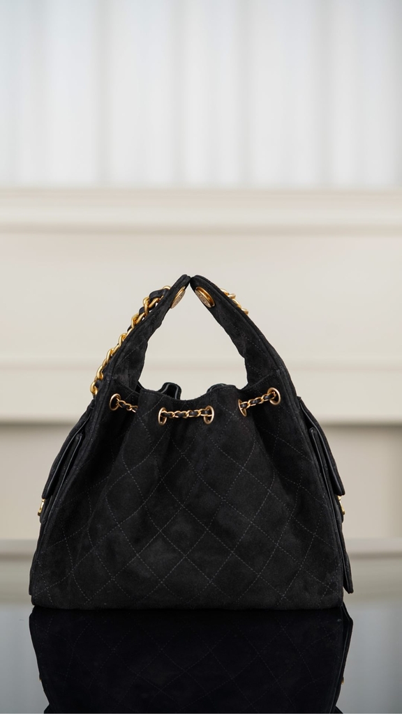 Chanel 25C Black Suede HoBo Drawstring Bucket Bag Small