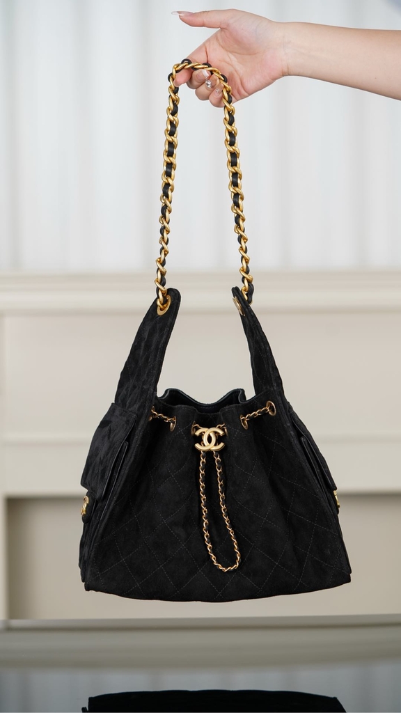 Chanel 25C Black Suede HoBo Drawstring Bucket Bag Small