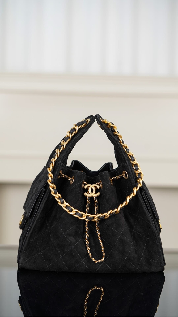 Chanel 25C Black Suede HoBo Drawstring Bucket Bag Small