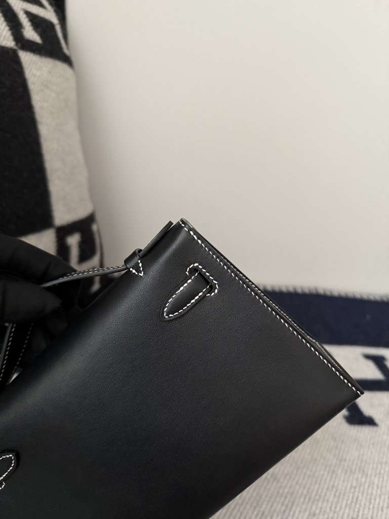 Kelly Pochette 22cm Swift Leather Noir Pearl Grey