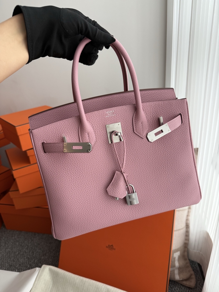 Birkin 30cm Clemence Da Leather Bag Mauve Sylvestre Silver Hardware