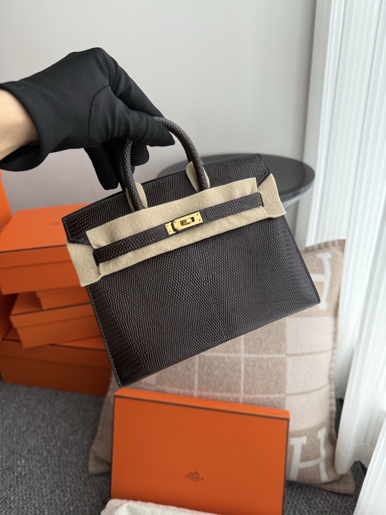 Birkin 20cm Lizard Leather Bag CC46 Ebene Gold Hardware
