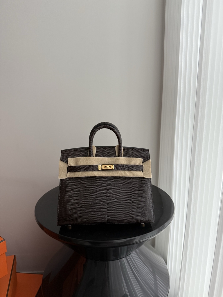 Birkin 20cm Lizard Leather Bag CC46 Ebene Gold Hardware