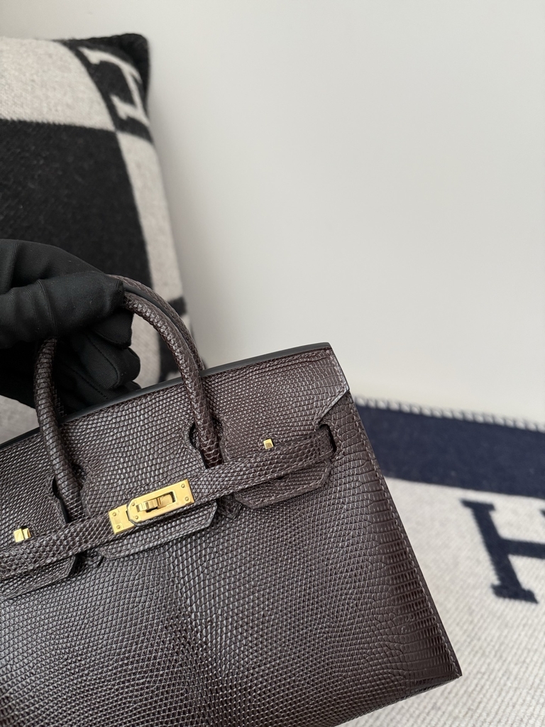 Birkin 20cm Lizard Leather Bag CC46 Ebene Gold Hardware