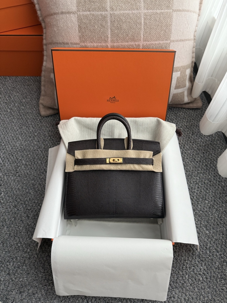 Birkin 20cm Lizard Leather Bag CC46 Ebene Gold Hardware