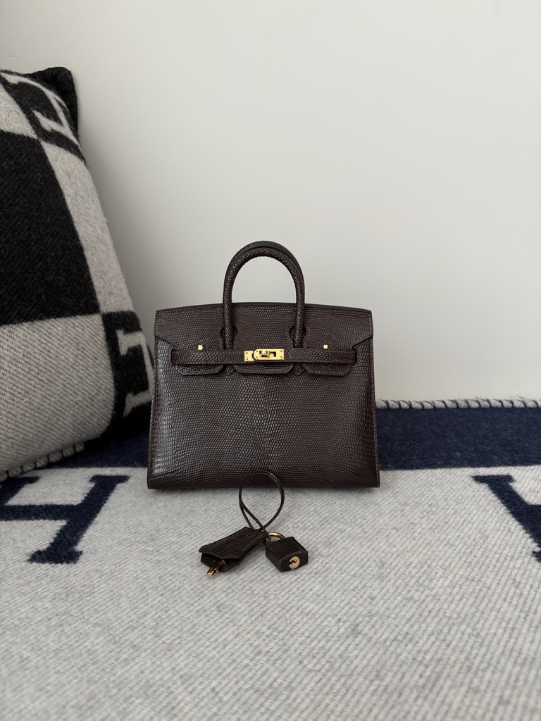Birkin 20cm Lizard Leather Bag CC46 Ebene Gold Hardware