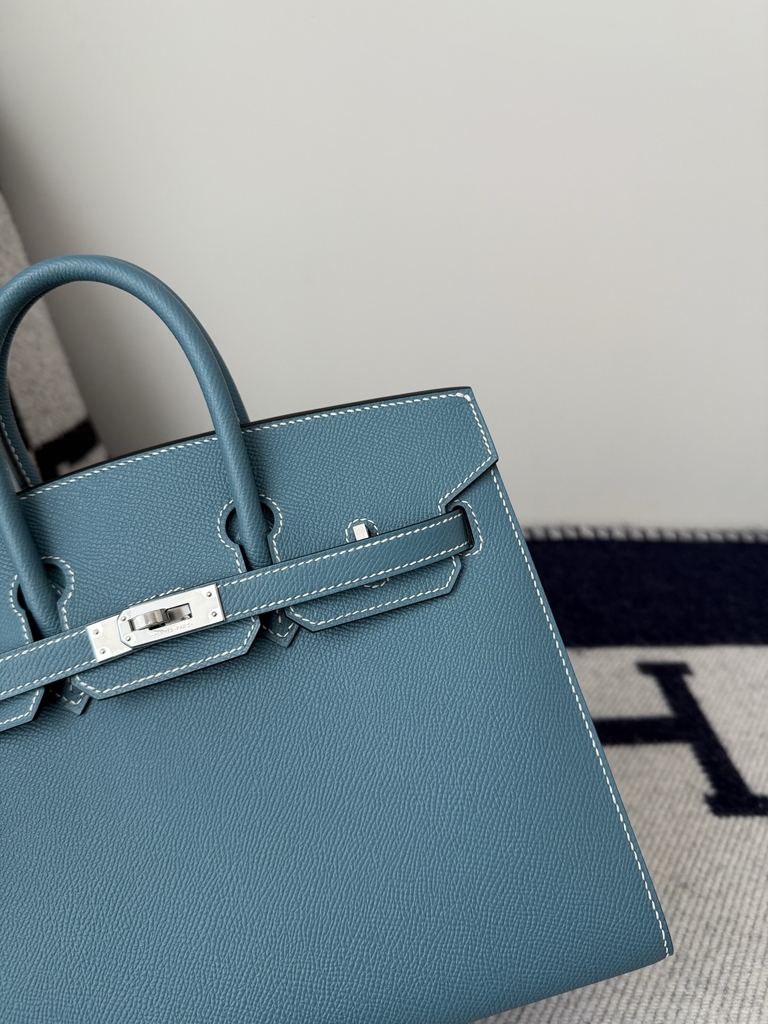 Birkin 25cm Epsom Leather Handbag New Blue Jean Silver Hardware