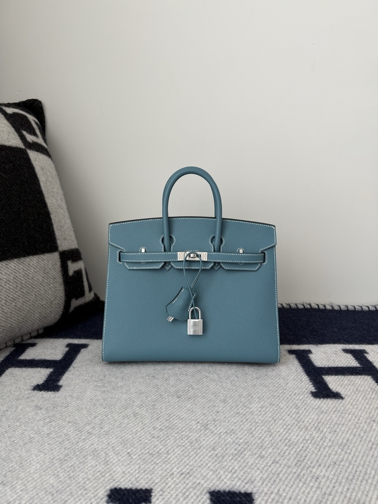 Birkin 25cm Epsom Leather Handbag New Blue Jean Silver Hardware