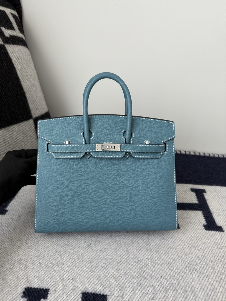 Birkin 25cm Epsom Leather Handbag New Blue Jean Silver Hardware
