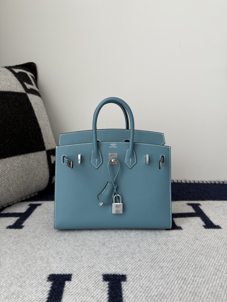 Birkin 25cm Epsom Leather Handbag New Blue Jean Silver Hardware