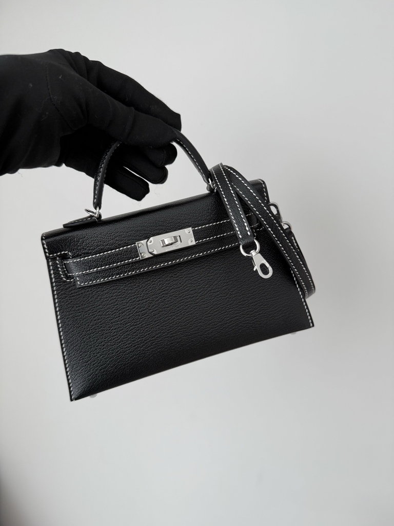 Kelly Mini II Chevre Goat Leather Black Amber