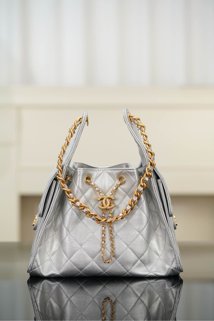 Chanel 25s Small Hobo Drawstring Bucket Bag Silver