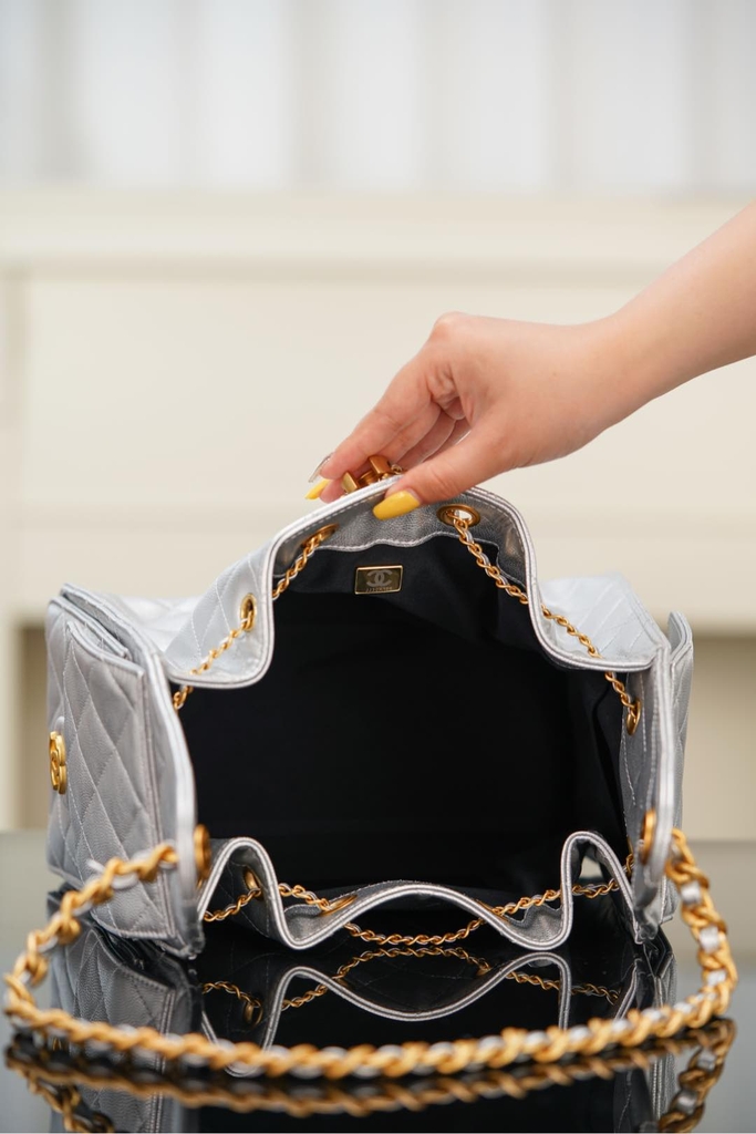 Chanel 25s Small Hobo Drawstring Bucket Bag Silver