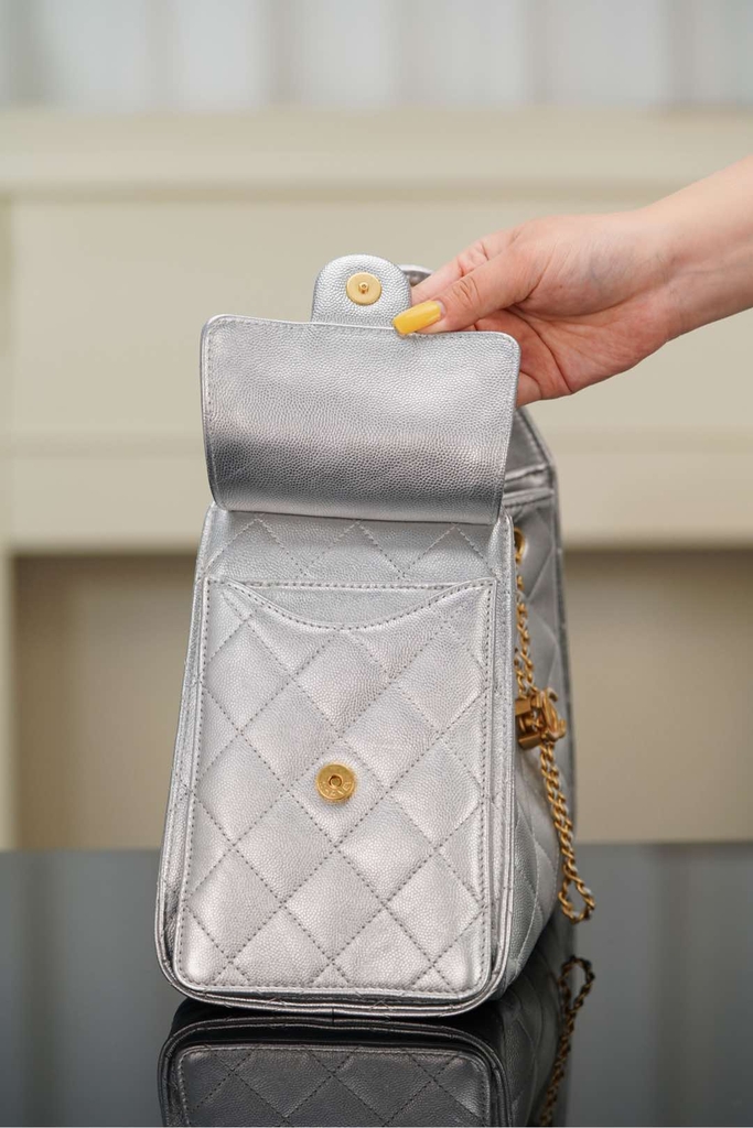 Chanel 25s Small Hobo Drawstring Bucket Bag Silver