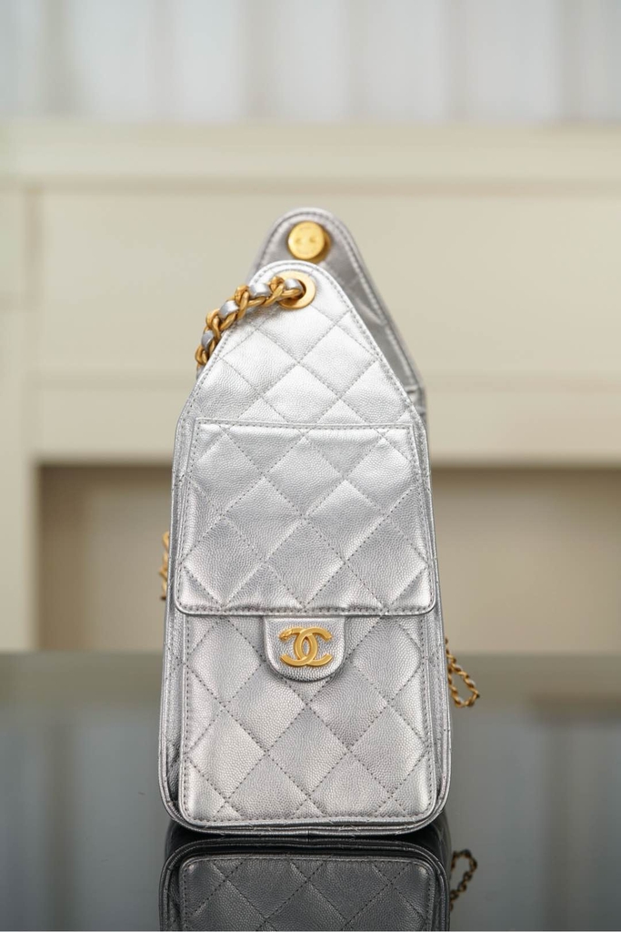 Chanel 25s Small Hobo Drawstring Bucket Bag Silver