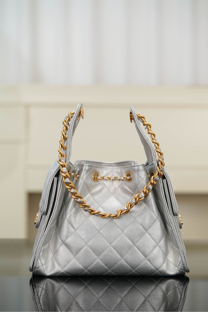 Chanel 25s Small Hobo Drawstring Bucket Bag Silver