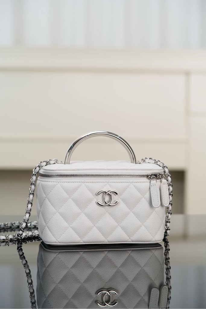 Chanel 25P Hidden Handle Long Box Bag White Lychee Leather
