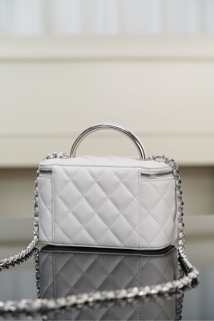 Chanel 25P Hidden Handle Long Box Bag White Lychee Leather