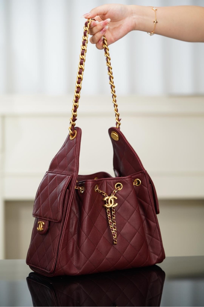 Chanel 25A Small Hobo Drawstring Bucket Bag Wine Red