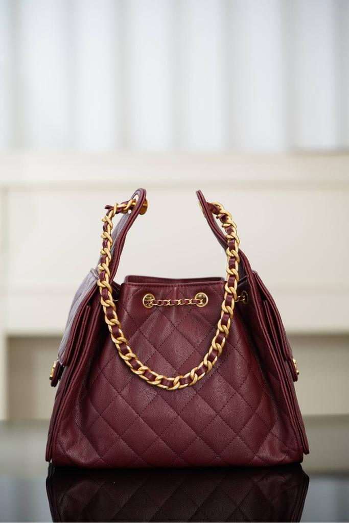 Chanel 25A Small Hobo Drawstring Bucket Bag Wine Red