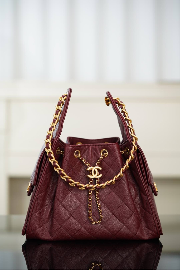 Chanel 25A Small Hobo Drawstring Bucket Bag Wine Red