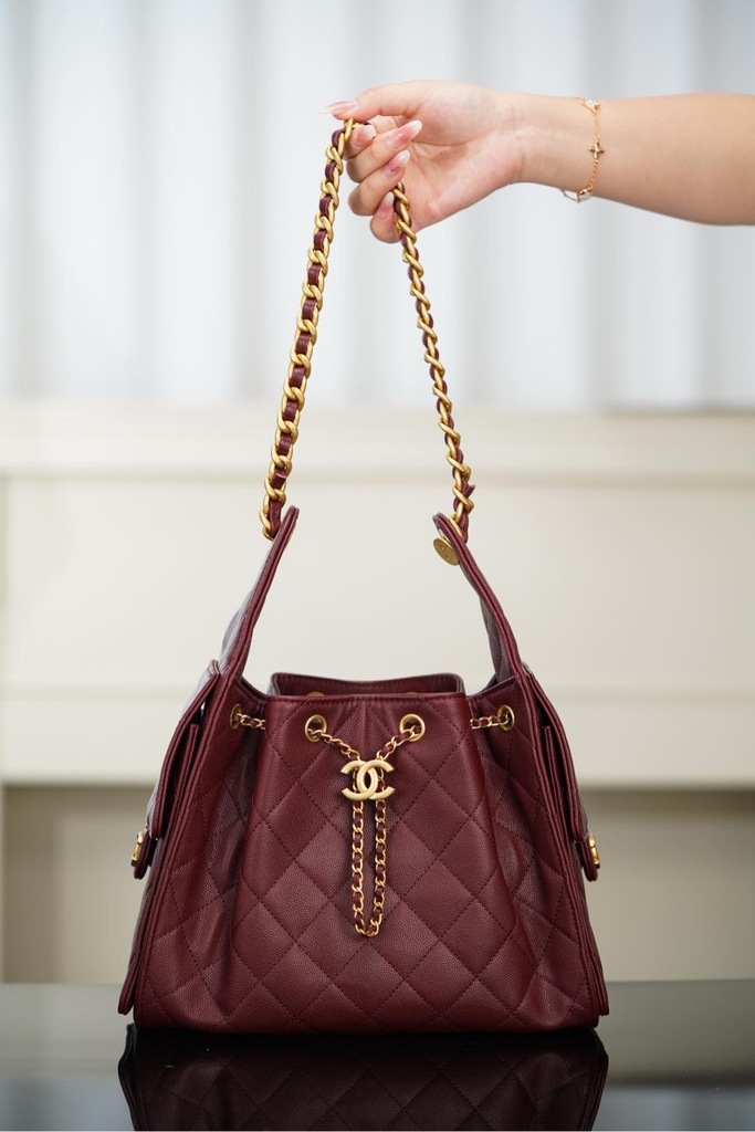 Chanel 25A Small Hobo Drawstring Bucket Bag Wine Red