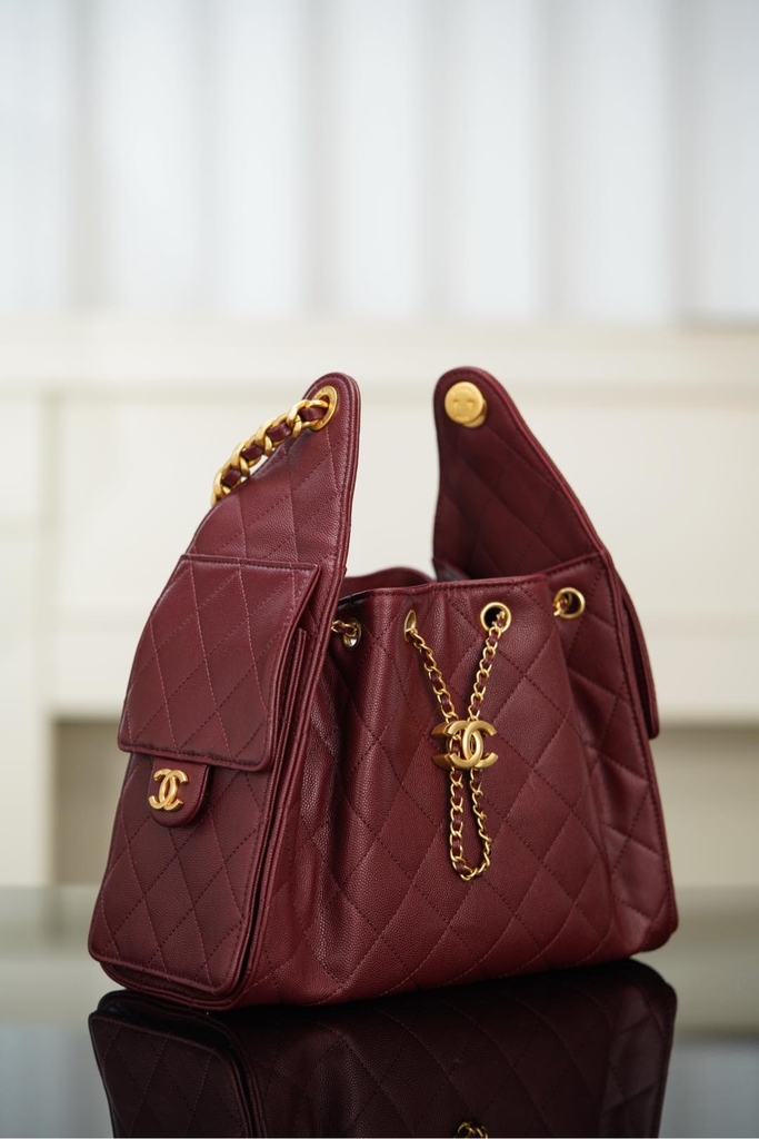 Chanel 25A Small Hobo Drawstring Bucket Bag Wine Red