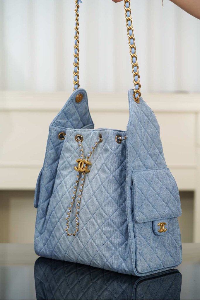 Chanel 25s Hobo Bag Drawstring Bucket Bag in Light Blue Denim, Large