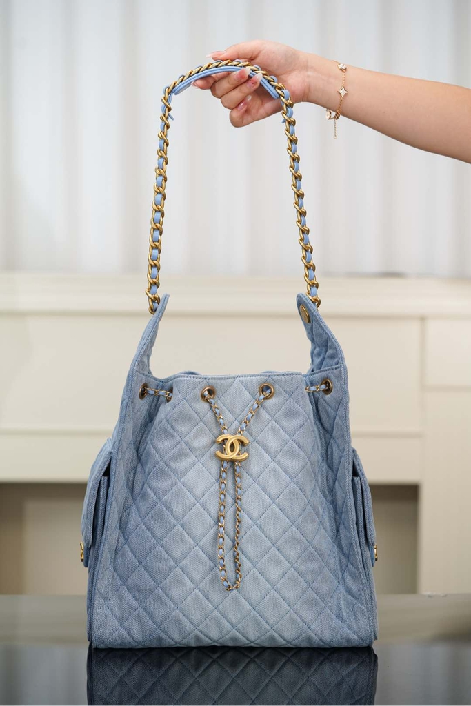 Chanel 25s Hobo Bag Drawstring Bucket Bag in Light Blue Denim, Large