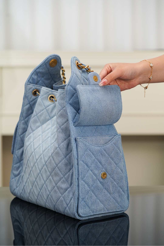 Chanel 25s Hobo Bag Drawstring Bucket Bag in Light Blue Denim, Large