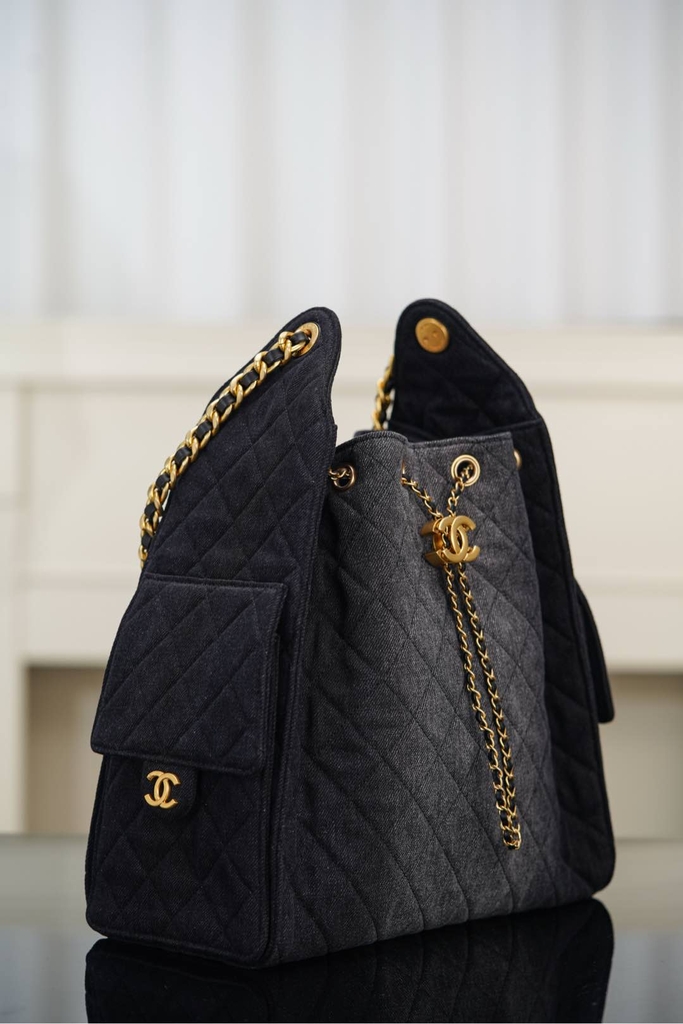 Chanel 25s Hobo Bag Drawstring Bucket Bag in Black Denim, Large