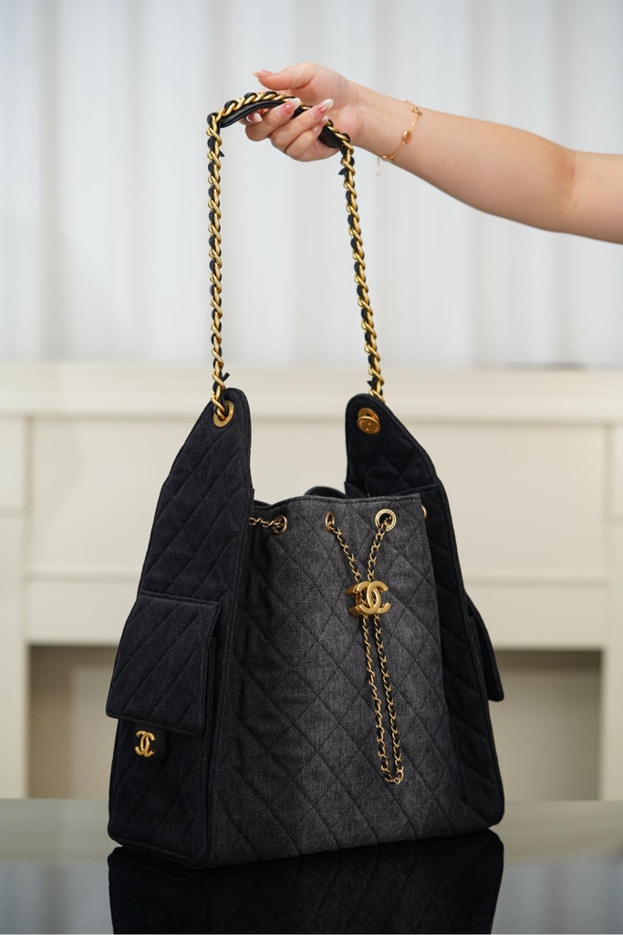 Chanel 25s Hobo Bag Drawstring Bucket Bag in Black Denim, Large