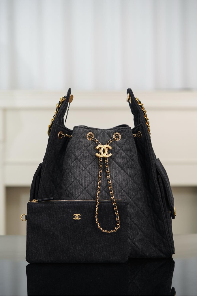 Chanel 25s Hobo Bag Drawstring Bucket Bag in Black Denim, Large