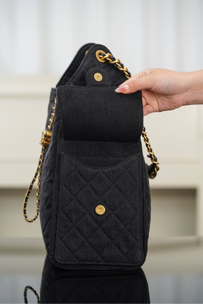Chanel 25s Hobo Bag Drawstring Bucket Bag in Black Denim, Large