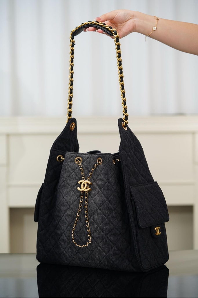 Chanel 25s Hobo Bag Drawstring Bucket Bag in Black Denim, Large