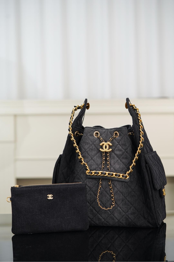 Chanel 25s Hobo Bag Drawstring Bucket Bag in Black Denim, Large