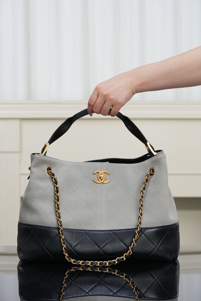 Chanel 25A Suede Shopping Bag Grey Small