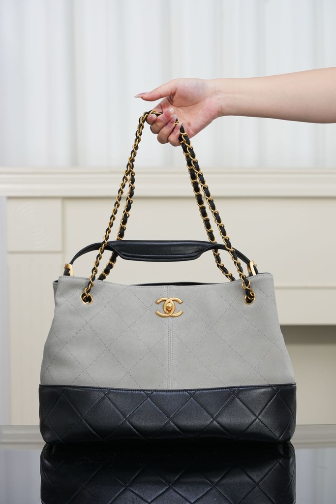 Chanel 25A Suede Shopping Bag Grey Small