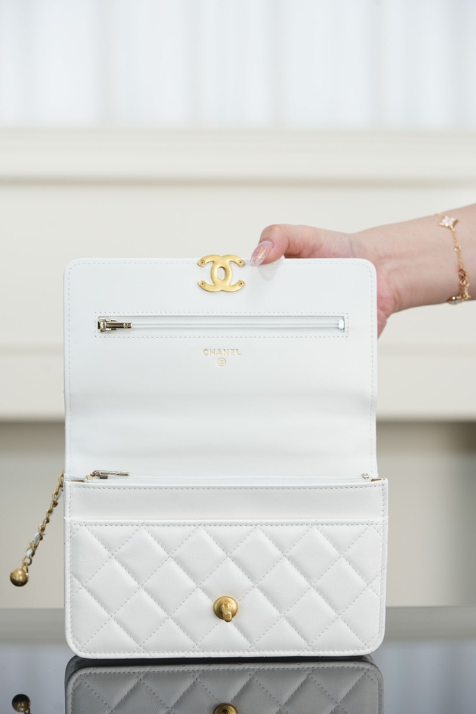 Chanel 25s Double Gold Beaded Chain White Gold