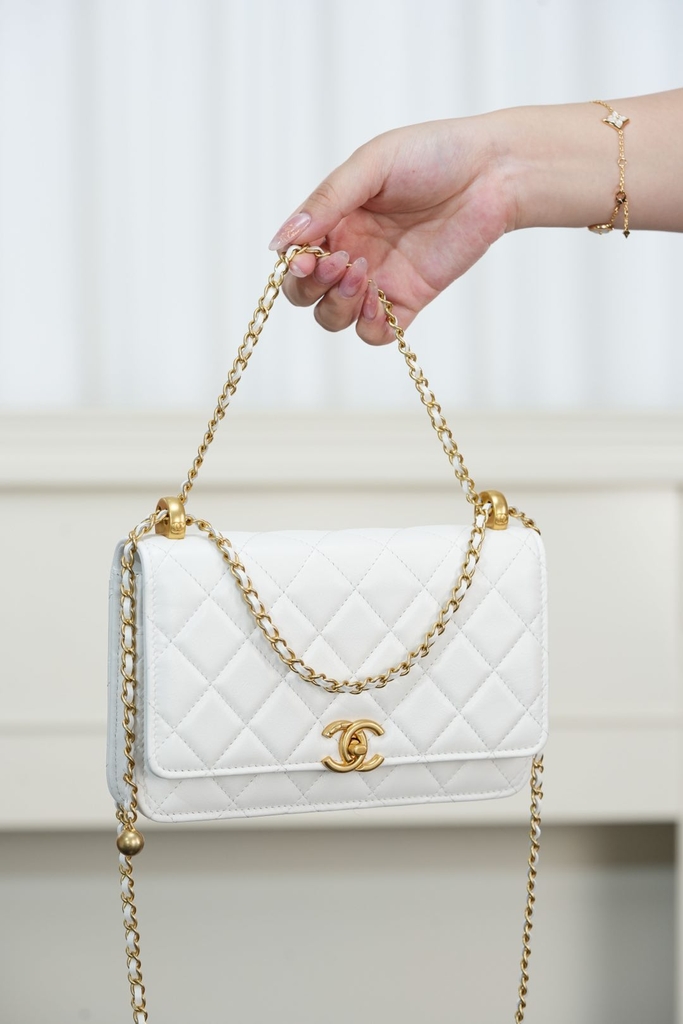 Chanel 25s Double Gold Beaded Chain White Gold