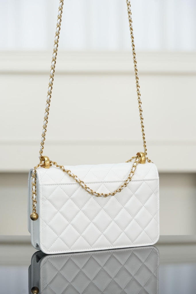 Chanel 25s Double Gold Beaded Chain White Gold