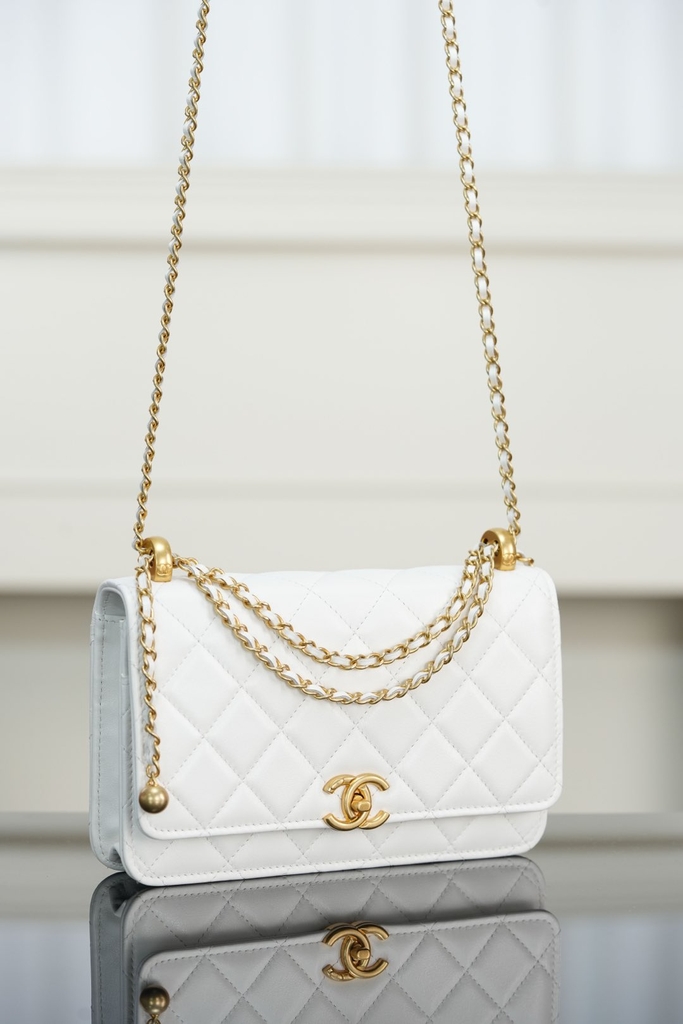 Chanel 25s Double Gold Beaded Chain White Gold