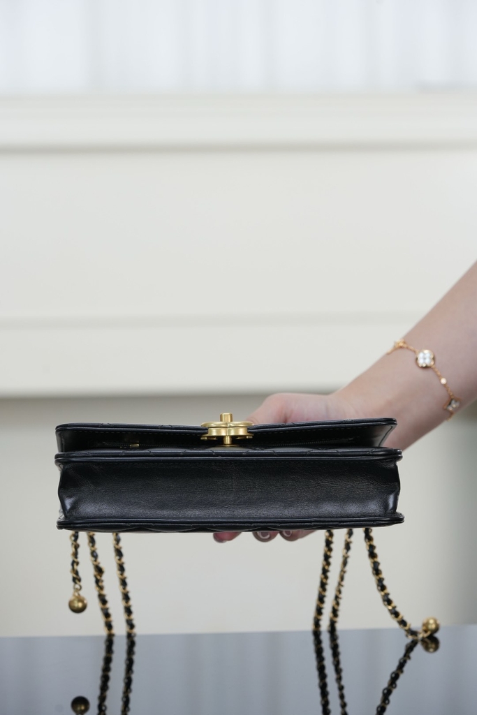 Chanel 25s Double Gold Bead Chain Black Gold