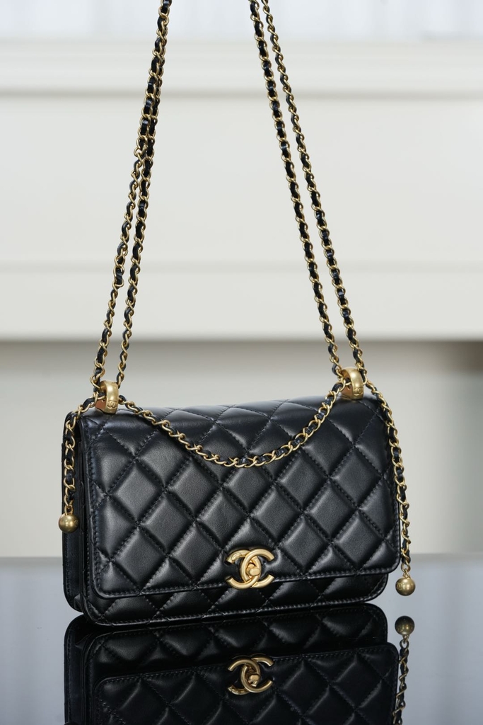 Chanel 25s Double Gold Bead Chain Black Gold