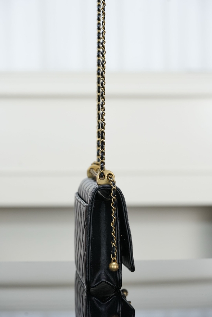 Chanel 25s Double Gold Bead Chain Black Gold