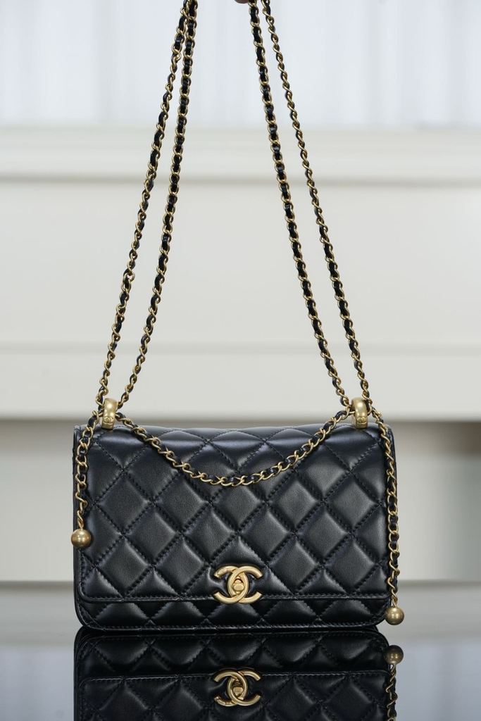 Chanel 25s Double Gold Bead Chain Black Gold