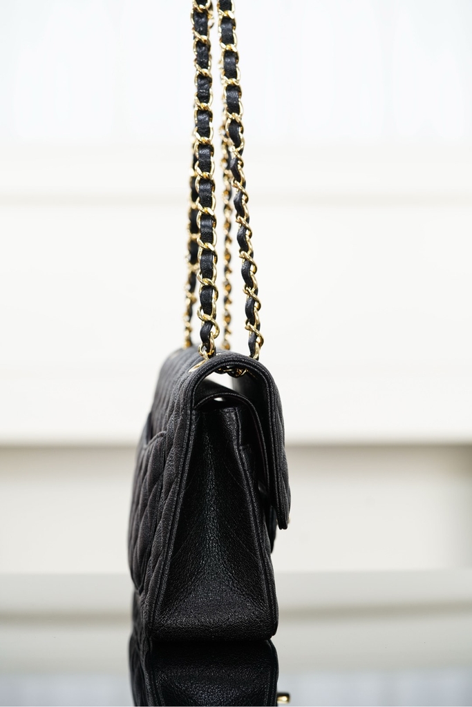 Classic Flap Bag - Genuine Leather Black Gold Small Size